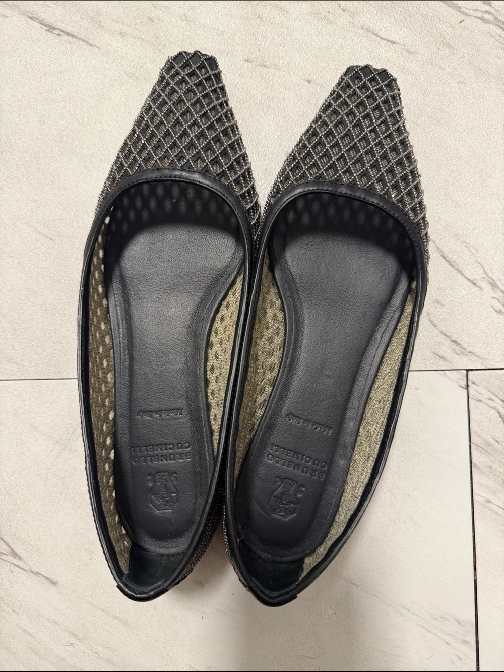 Brunello Cucinelli Black Mesh Pointed-Toe Flats